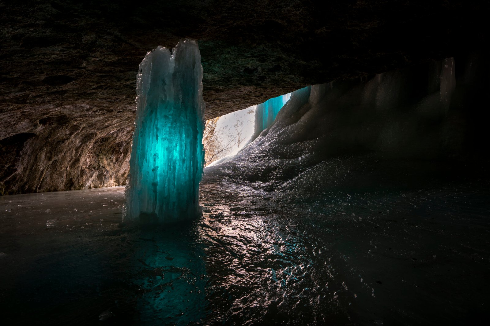 ice crystal in a cave with a blue hue